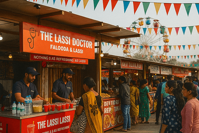 Bustling food court with colorful stalls and happy customers at EOD Agra