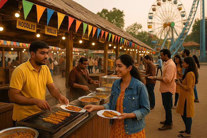 Modern food stalls with adventure park rides in background at EOD Agra