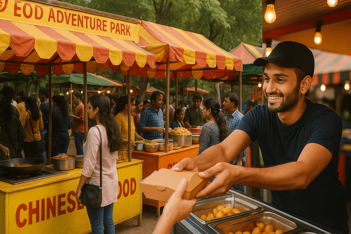 Happy food stall owner serving customers at EOD Agra