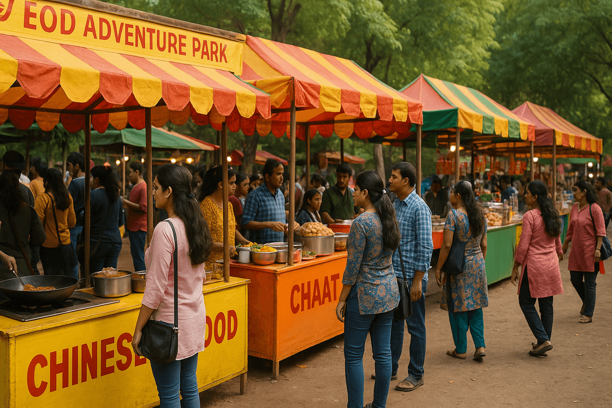 Vibrant food stalls at EOD Agra Chaupati with colorful tents and bustling crowds